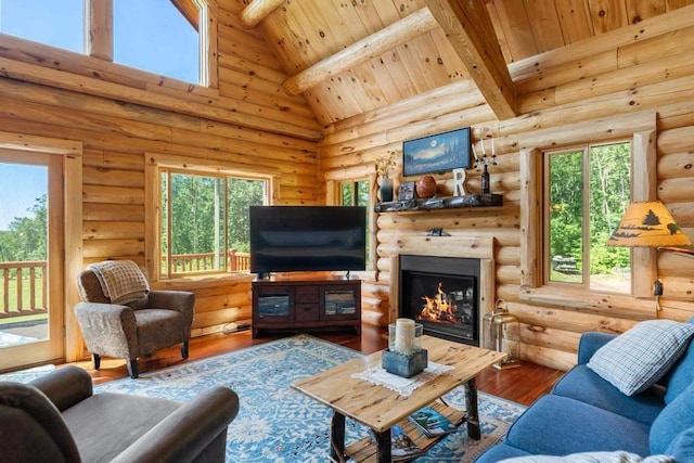 899 S State Rd, Harbor Springs, MI 49740 - living room featuring healthy amount of natural light, wood finished floors, a wood ceiling with exposed beams, a warm lit fireplace, and high vaulted ceiling
