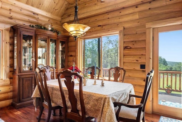 899 S State Rd, Harbor Springs, MI 49740 - dining area with vaulted ceiling, dark wood-style flooring, log walls, wood ceiling, and healthy amount of natural light