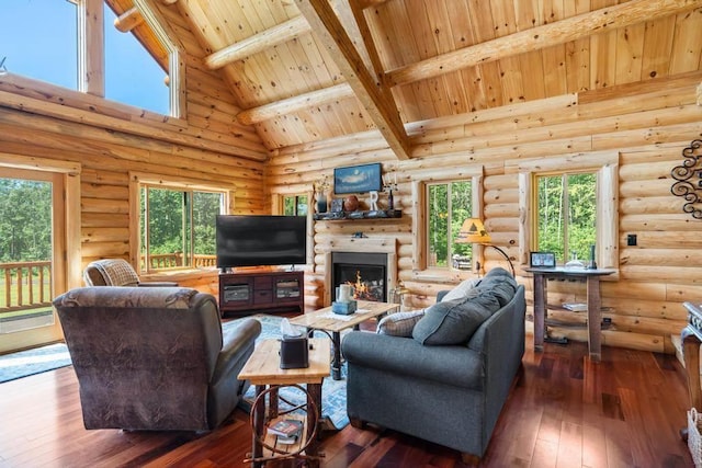 899 S State Rd, Harbor Springs, MI 49740 - living room featuring hardwood / wood-style floors, a wooden ceiling with exposed beams, high vaulted ceiling, healthy amount of natural light, and a warm lit fireplace