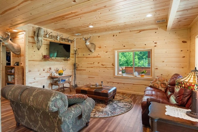 899 S State Rd, Harbor Springs, MI 49740 - living area featuring wooden walls, wooden ceiling, wood-type flooring, and recessed lighting