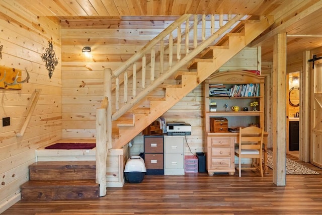 899 S State Rd, Harbor Springs, MI 49740 - staircase with wooden walls, wooden ceiling, and wood finished floors