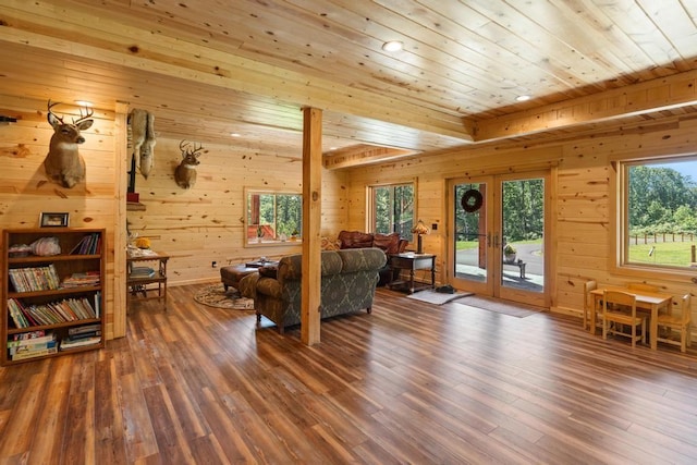 899 S State Rd, Harbor Springs, MI 49740 - living room with wood ceiling, wood finished floors, wooden walls, and french doors