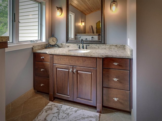 6598 Forest Way, Harbor Springs, MI 49740 - bathroom with wooden ceiling, tile patterned flooring, and vanity