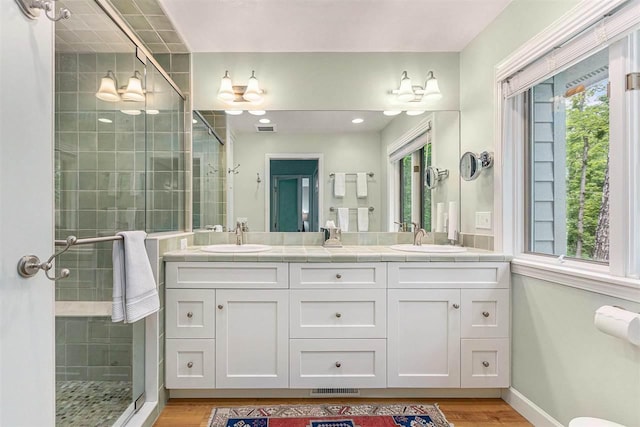 1835 Bluffs Edge, Harbor Springs, MI 49740 - bathroom with a shower stall, double vanity, and wood finished floors