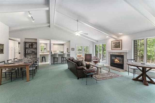 1835 Bluffs Edge, Harbor Springs, MI 49740 - carpeted living area featuring plenty of natural light, a tile fireplace, a ceiling fan, and rail lighting