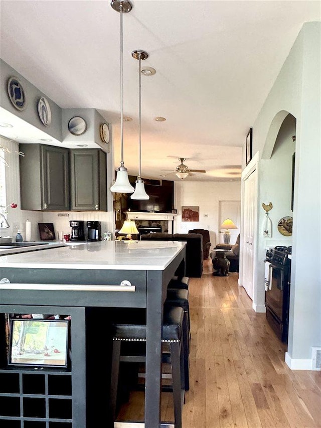 7570 Bay Meadow Dr, Harbor Springs, MI 49740 - kitchen with black gas range, a ceiling fan, light countertops, light wood finished floors, and arched walkways