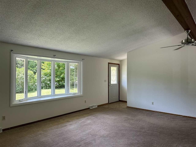 4505 S State Rd, Harbor Springs, MI 49740 - empty room featuring a textured ceiling, carpet floors, ceiling fan, and vaulted ceiling
