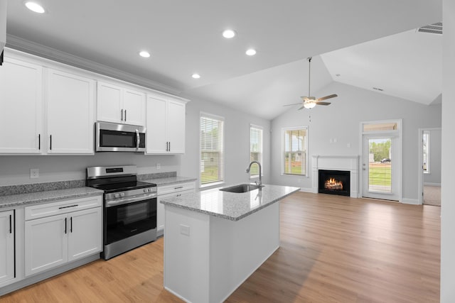 3320 Navin Trl, Roebuck, SC 29376 - kitchen with stainless steel appliances, plenty of natural light, light wood-style floors, a warm lit fireplace, and vaulted ceiling