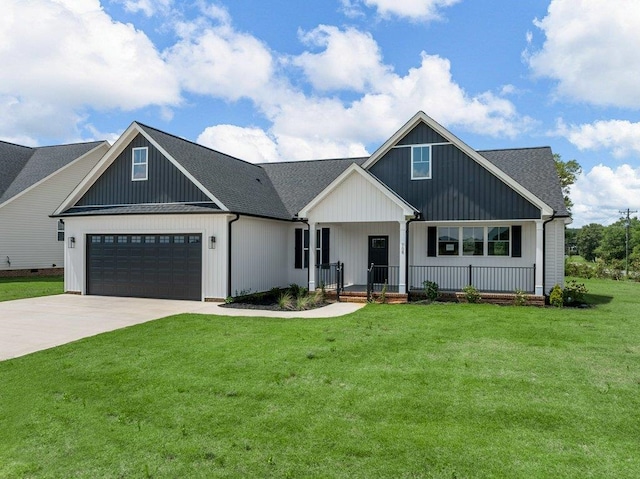708 Mello Dr, Lyman, SC 29365 - modern farmhouse style home with a porch, driveway, a front yard, an attached garage, and a shingled roof