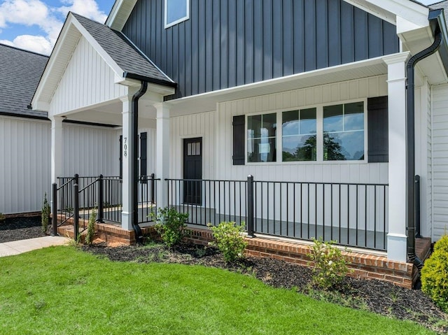 708 Mello Dr, Lyman, SC 29365 - modern farmhouse with covered porch, a front lawn, and roof with shingles