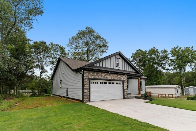 331 Skyline Rd, Greer, SC 29651 - view of front of house with stone siding, driveway, a front yard, an attached garage, and board and batten siding