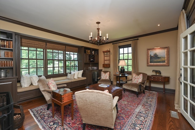 835 Jackson Grove Rd, Columbus, NC 28722 - living area featuring ornamental molding, a chandelier, and dark wood finished floors