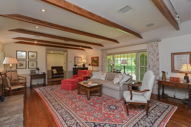 835 Jackson Grove Rd, Columbus, NC 28722 - living room featuring wood finished floors, beam ceiling, and recessed lighting