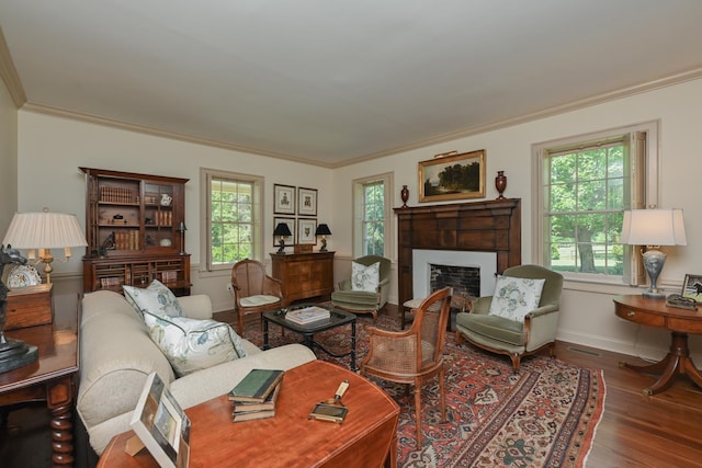 835 Jackson Grove Rd, Columbus, NC 28722 - living area featuring wood finished floors, ornamental molding, and a fireplace
