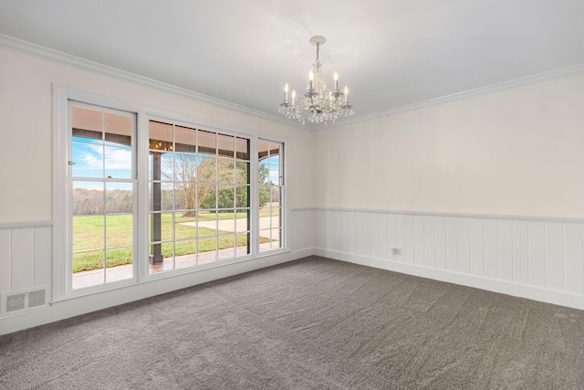 802 Hickory Hollow Rd, Inman, SC 29349 - carpeted empty room with crown molding, a chandelier, and wainscoting