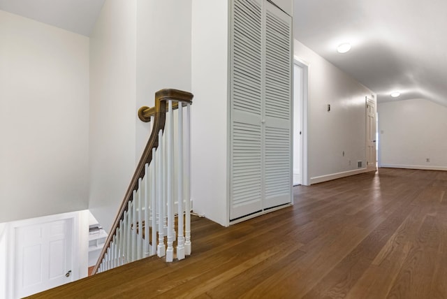 802 Hickory Hollow Rd, Inman, SC 29349 - corridor with an upstairs landing, wood finished floors, and vaulted ceiling