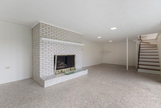 802 Hickory Hollow Rd, Inman, SC 29349 - unfurnished living room with stairs and a brick fireplace