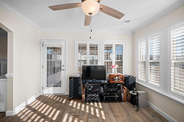 1135 Wanley Way, Boiling Springs, SC 29316 - home office with ceiling fan, ornamental molding, and wood finished floors