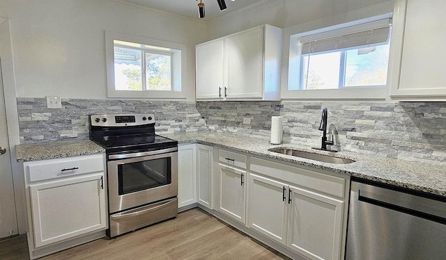 150 Cromer St, Roebuck, SC 29376 - kitchen featuring appliances with stainless steel finishes, backsplash, plenty of natural light, white cabinetry, and crown molding