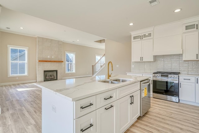 155 Chestnut Dr, Woodruff, SC 29388 - kitchen featuring appliances with stainless steel finishes, light wood finished floors, a tile fireplace, ornamental molding, and decorative backsplash