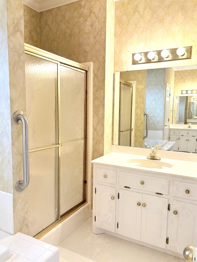 101 Sheraton Loop, Gaffney, SC 29341 - full bathroom with a shower stall, vanity, crown molding, wallpapered walls, and tile patterned floors