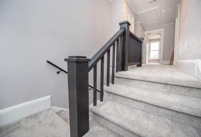 708 E Main St, Union, SC 29379 - stairs with attic access, carpet flooring, and ornamental molding