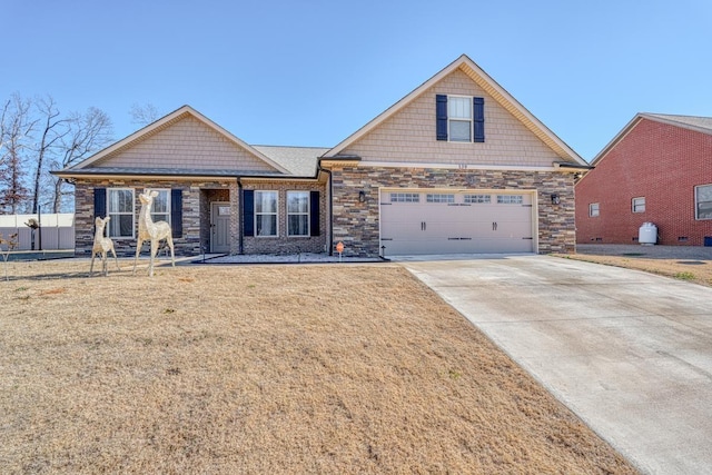 139 Floyd Meadow Dr, Inman, SC 29349 - craftsman-style house with concrete driveway, a front lawn, stone siding, and a garage