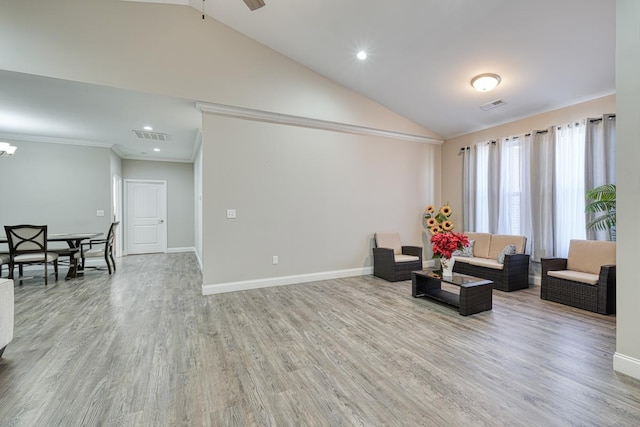139 Floyd Meadow Dr, Inman, SC 29349 - living room featuring vaulted ceiling, wood finished floors, recessed lighting, a ceiling fan, and crown molding