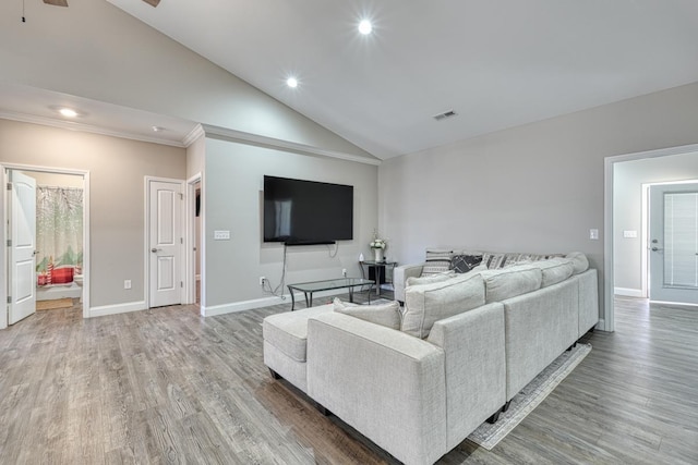 139 Floyd Meadow Dr, Inman, SC 29349 - living room featuring light wood-style flooring, a ceiling fan, high vaulted ceiling, recessed lighting, and ornamental molding