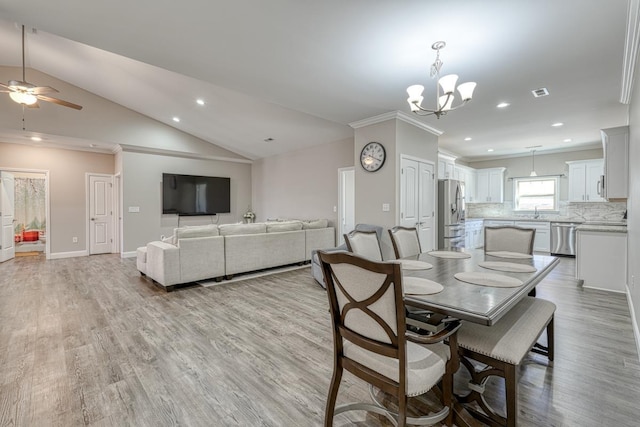 139 Floyd Meadow Dr, Inman, SC 29349 - dining room featuring recessed lighting, light wood-type flooring, lofted ceiling, a chandelier, and ceiling fan