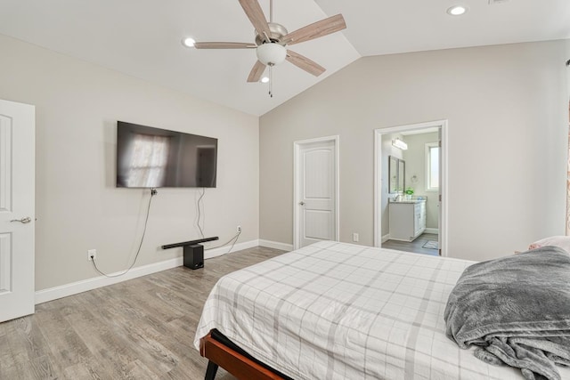 139 Floyd Meadow Dr, Inman, SC 29349 - bedroom featuring vaulted ceiling, wood finished floors, recessed lighting, ceiling fan, and ensuite bath