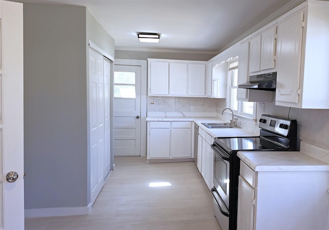 210 James St, Union, SC 29379 - kitchen with electric range, under cabinet range hood, plenty of natural light, white cabinets, and crown molding