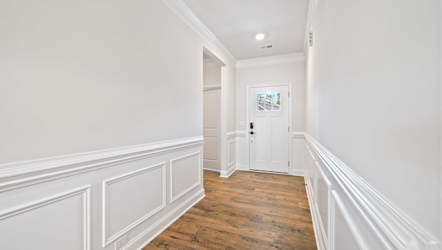 1791 Wabash Pl, Boiling Springs, SC 29316 - doorway to outside with ornamental molding, a decorative wall, a wainscoted wall, and wood finished floors
