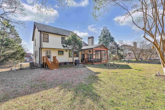 1114 Edisto Dr, Spartanburg, SC 29302 - back of house featuring a sunroom and a chimney
