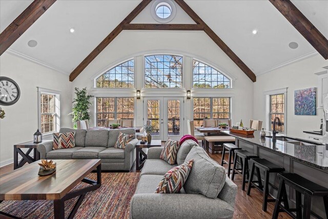 3664 River Rd, Union, SC 29379 - living area with high vaulted ceiling, beam ceiling, dark wood finished floors, healthy amount of natural light, and french doors