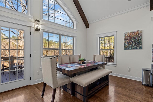 3664 River Rd, Union, SC 29379 - dining area featuring beamed ceiling, dark wood-type flooring, high vaulted ceiling, and ornamental molding