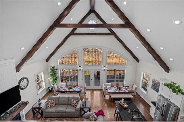 3664 River Rd, Union, SC 29379 - living room featuring french doors, beamed ceiling, wood finished floors, high vaulted ceiling, and recessed lighting