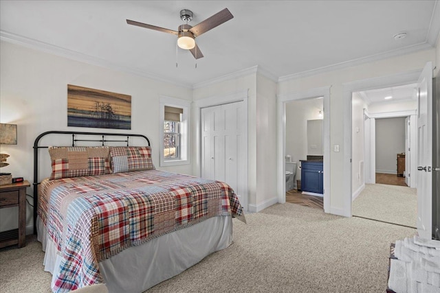 3664 River Rd, Union, SC 29379 - carpeted bedroom with ornamental molding, a closet, ceiling fan, and ensuite bathroom