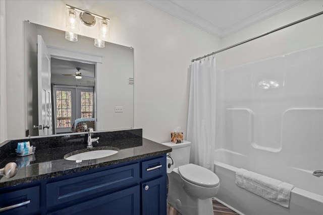 3664 River Rd, Union, SC 29379 - full bathroom with ornamental molding, vanity, shower / bathtub combination with curtain, and a ceiling fan