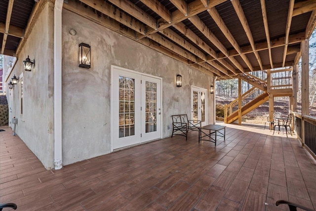 3664 River Rd, Union, SC 29379 - wooden terrace with french doors, stairs, and a patio