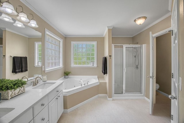 106 Brandi Starr Ct, Greer, SC 29651 - full bath featuring a stall shower, double vanity, a jetted tub, and ornamental molding
