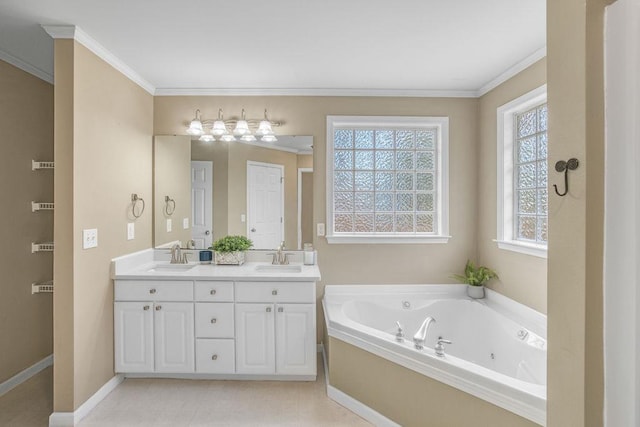 106 Brandi Starr Ct, Greer, SC 29651 - bathroom with double vanity, a tub with jets, and crown molding