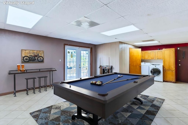 1109 Hemlock Dr, Shelby, NC 28150 - recreation room with washer and clothes dryer, a paneled ceiling, light tile patterned floors, and pool table