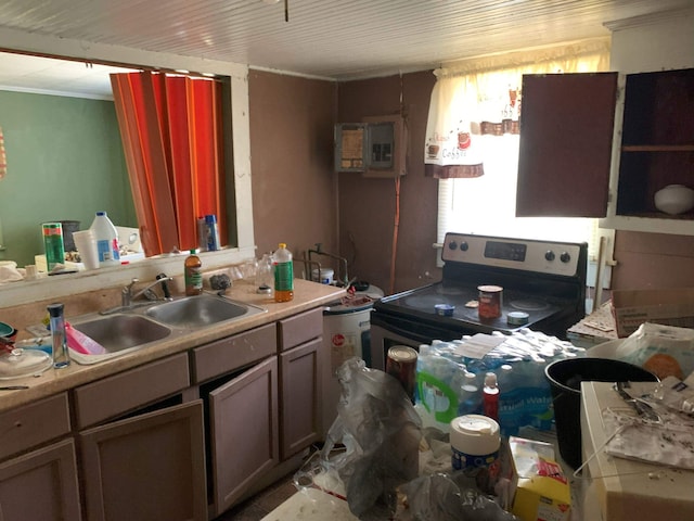 311 Arthur Blvd, Union, SC 29379 - kitchen with stainless steel range with electric cooktop, ornamental molding, light countertops, and electric panel