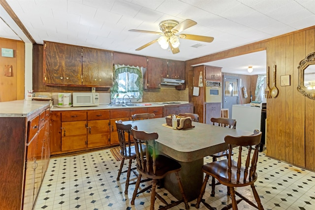 163 Railroad St, Enoree, SC 29335 - kitchen featuring white appliances, under cabinet range hood, wooden walls, healthy amount of natural light, and a ceiling fan
