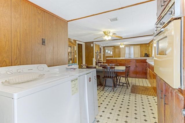 163 Railroad St, Enoree, SC 29335 - washroom with light floors, ceiling fan, and wood walls