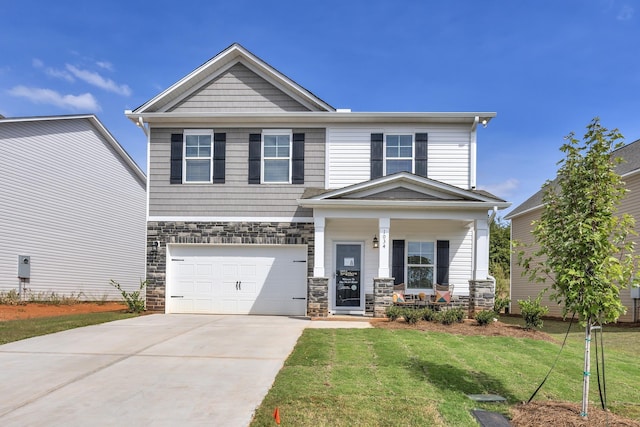 1034 Silverbend Trl, Duncan, SC 29334 - craftsman-style house featuring covered porch, concrete driveway, a front yard, and stone siding