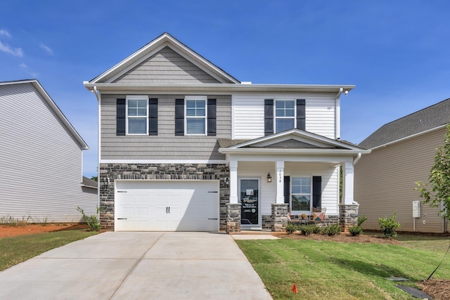 1034 Silverbend Trl, Duncan, SC 29334 - craftsman-style home featuring a porch, stone siding, an attached garage, driveway, and a front lawn