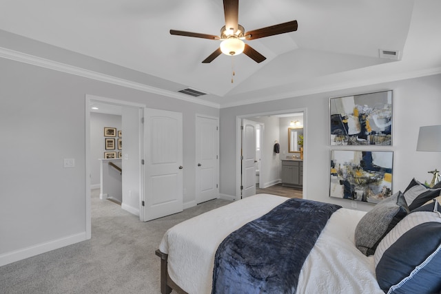 1034 Silverbend Trl, Duncan, SC 29334 - bedroom featuring lofted ceiling, light colored carpet, connected bathroom, a ceiling fan, and crown molding