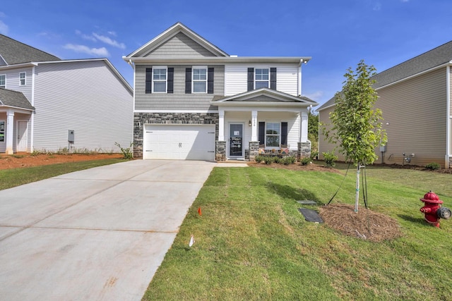 1034 Silverbend Trl, Duncan, SC 29334 - craftsman-style home with driveway, an attached garage, a front yard, stone siding, and covered porch